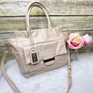 Badgley Mischka Beige Genuine Leather Buckle Accent Purse Shoulder Bag Satchel